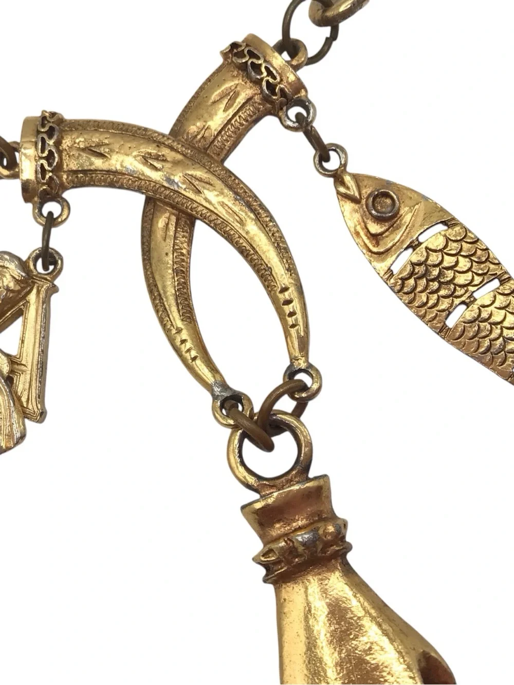 Vintage Gold-tone Hand Charm Talisman Necklace, Fish, Mermaid, Clover